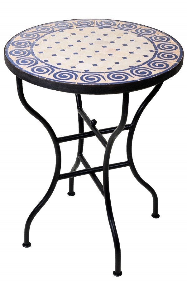 Moroccan Mosaic Table, Spiral, Beige and Blue, Ø60 cm
