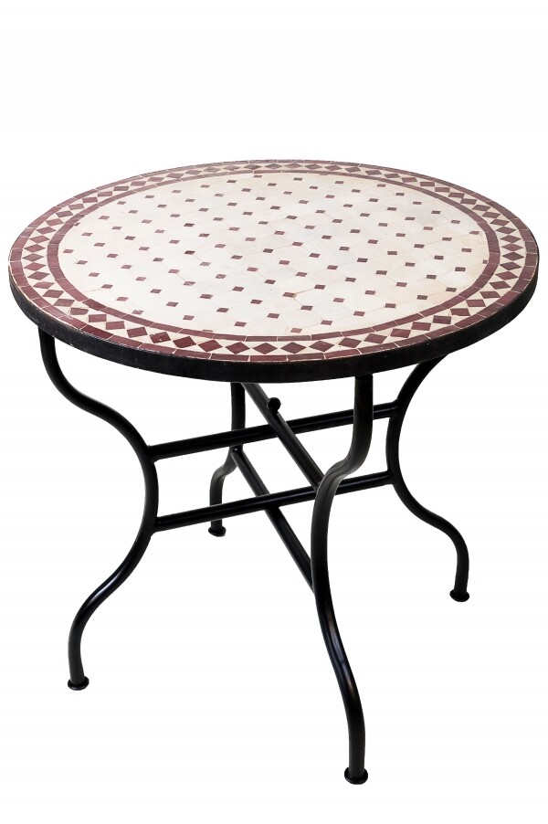 Moroccan Mosaic Table, Marrakech, Beige and Bordeaux, 80 cm 