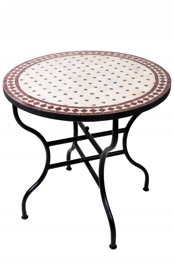 Moroccan Mosaic Table, Marrakech, Beige and Bordeaux, 80 cm