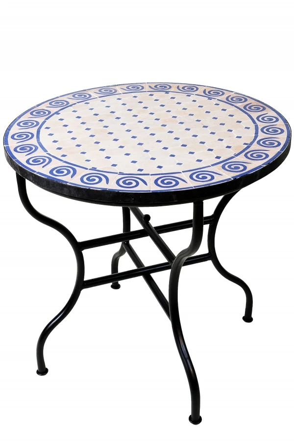 Moroccan Mosaic Table, Spiral, Beige and Blue, 80 cm | Handc