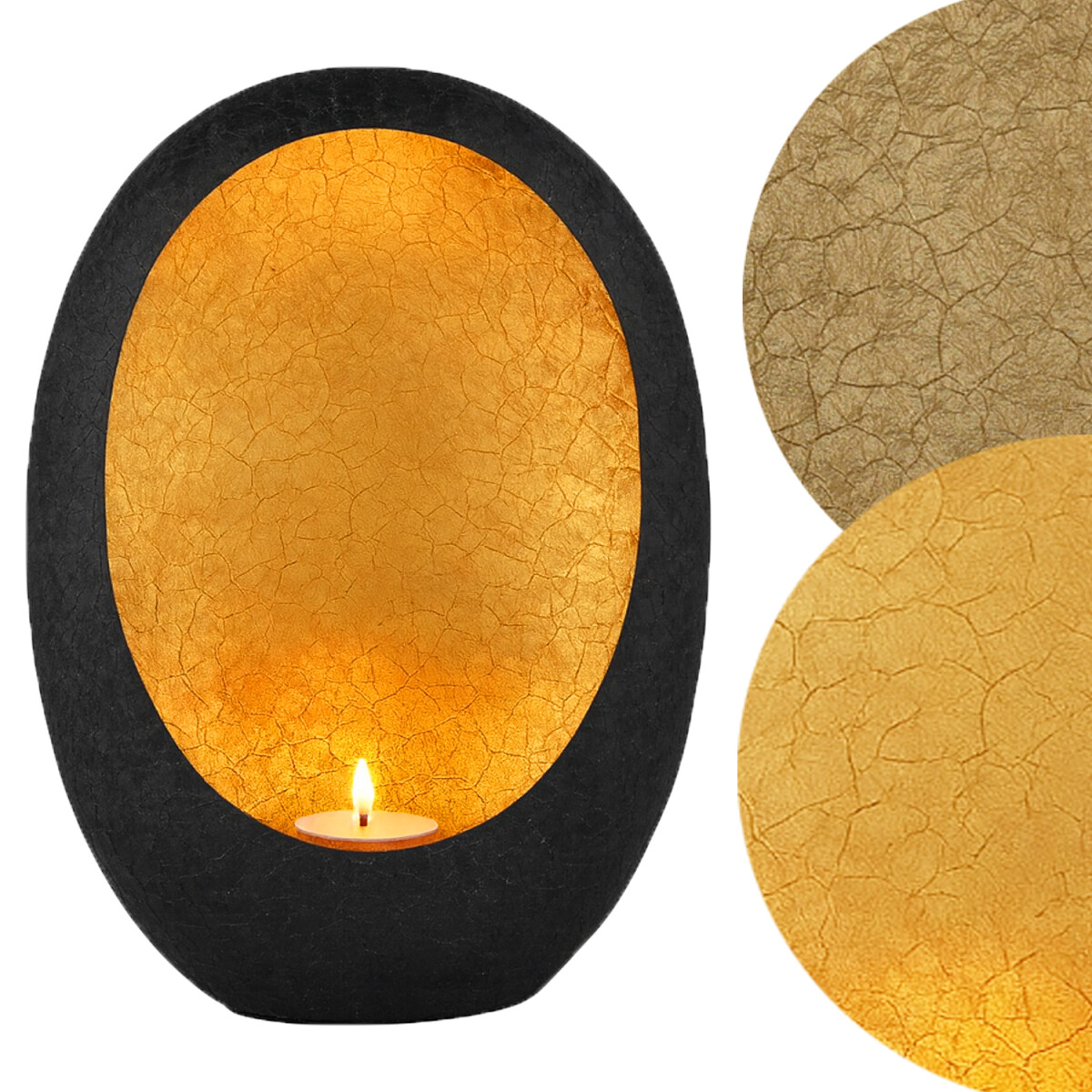 Calista Tealight Holder, Black and Gold, Oval, H 20 cm | Boh