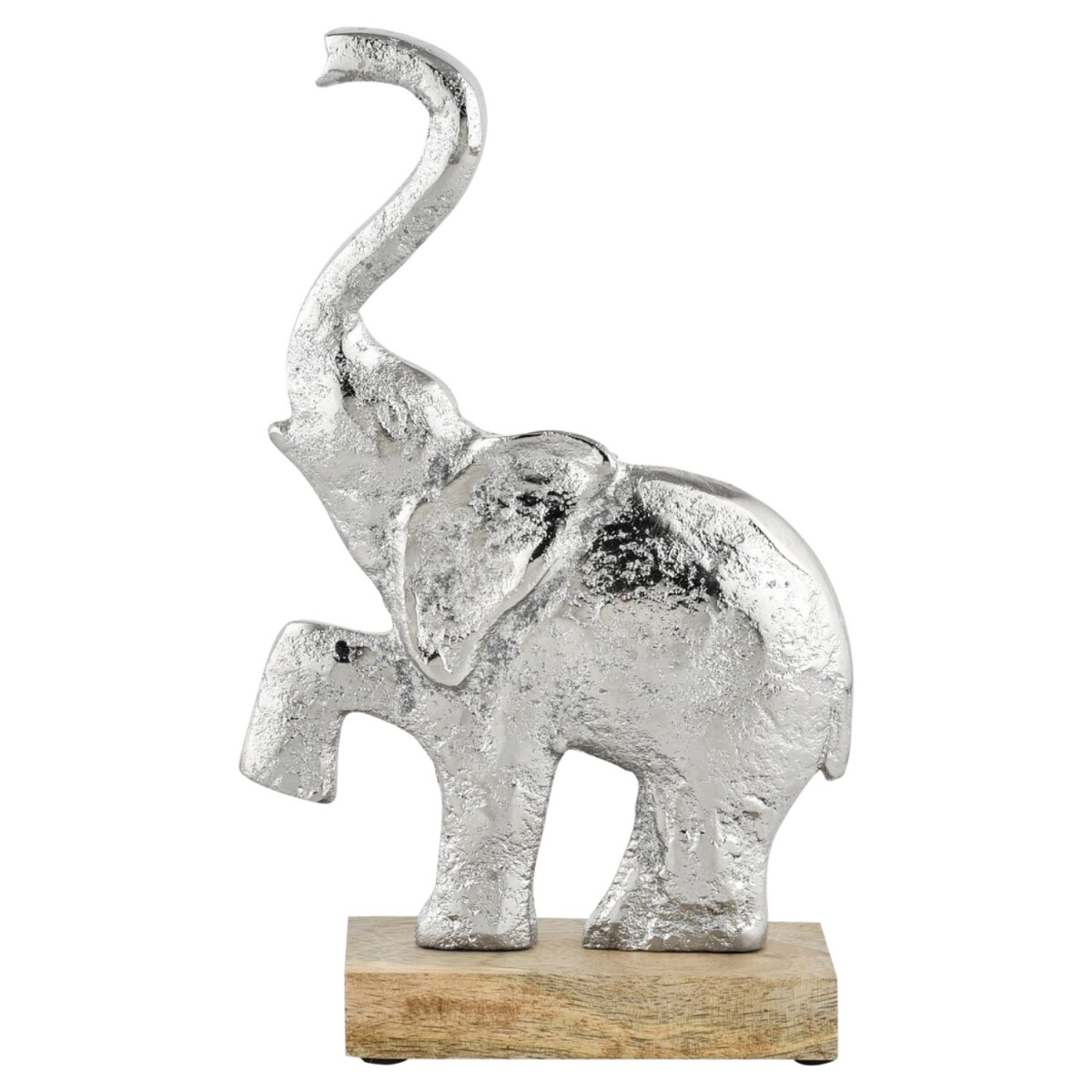 Mumba Elephant Decorative Figurine, Silver Aluminum on a Woo