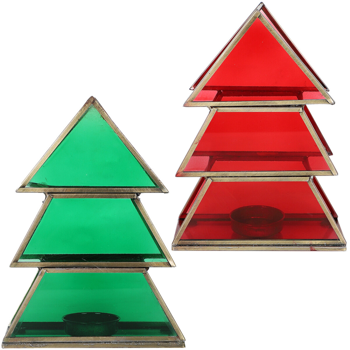 Set of 2 Christmas Tree Tealight Holders, 17 cm, Green and R