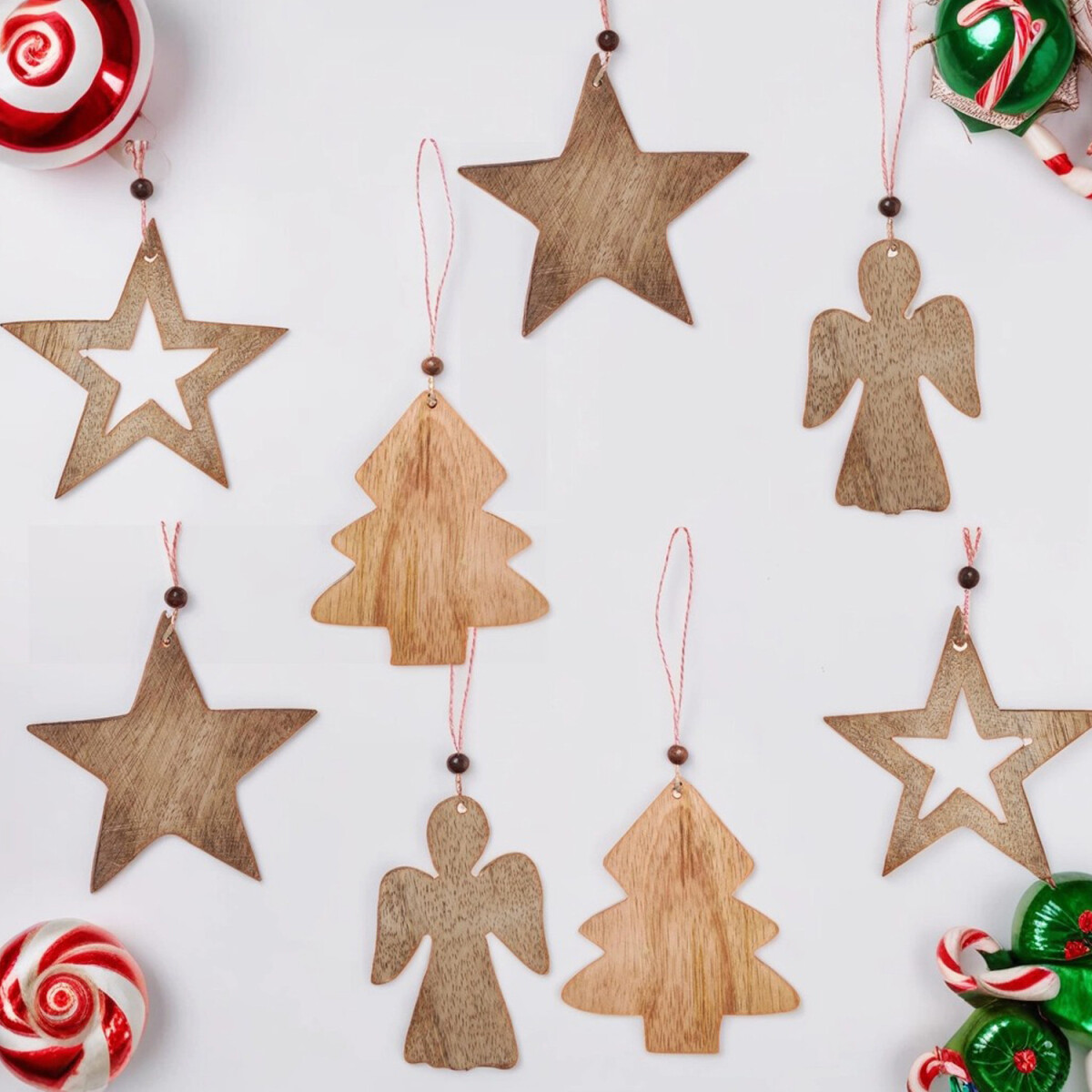 Set of 8 Wooden Christmas Ornaments box