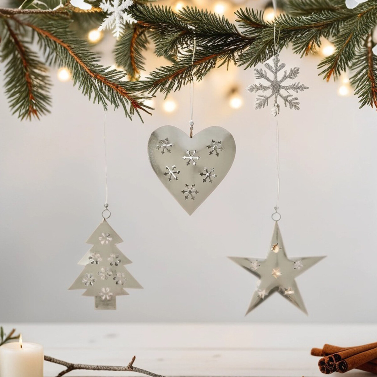 Set of 3 Christmas Ornaments, Silver Chr box