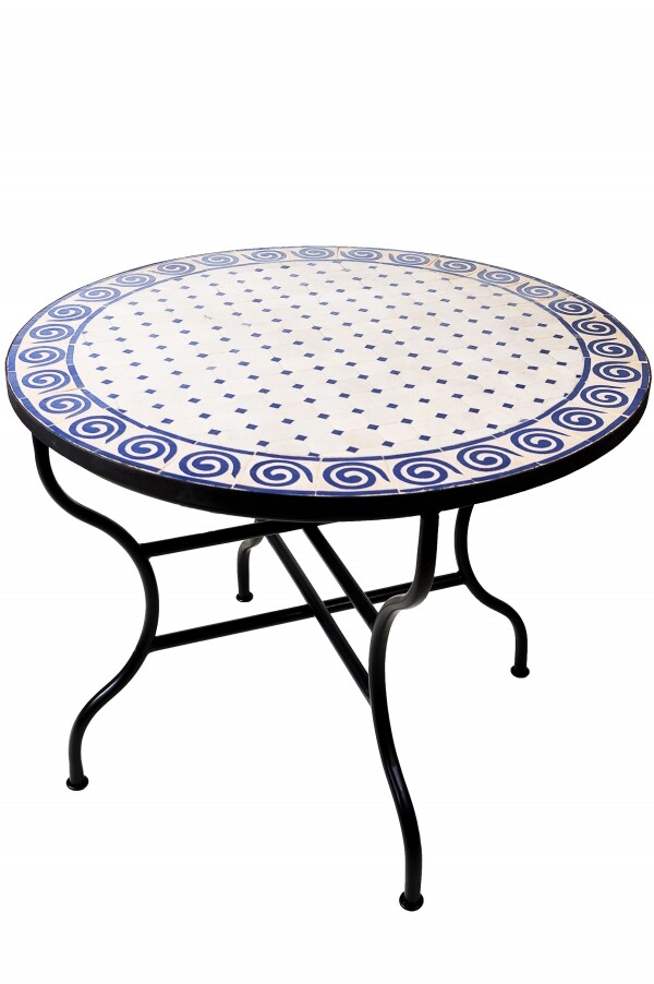 Moroccan Mosaic Table, Spiral, Beige and Blue, 100 cm | Hand