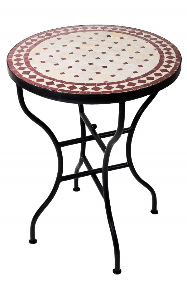Moroccan Mosaic Table, Marrakech, Beige-Bordeaux, Ø 6