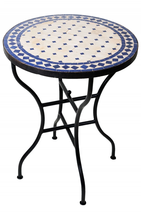 Moroccan Mosaic Table, Marrakech Beige-Blue, Ø 60 cm